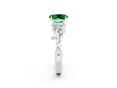 White gold Oval Cut Emerald Solitaire Ring with Twisted Band and Prong Setting_2