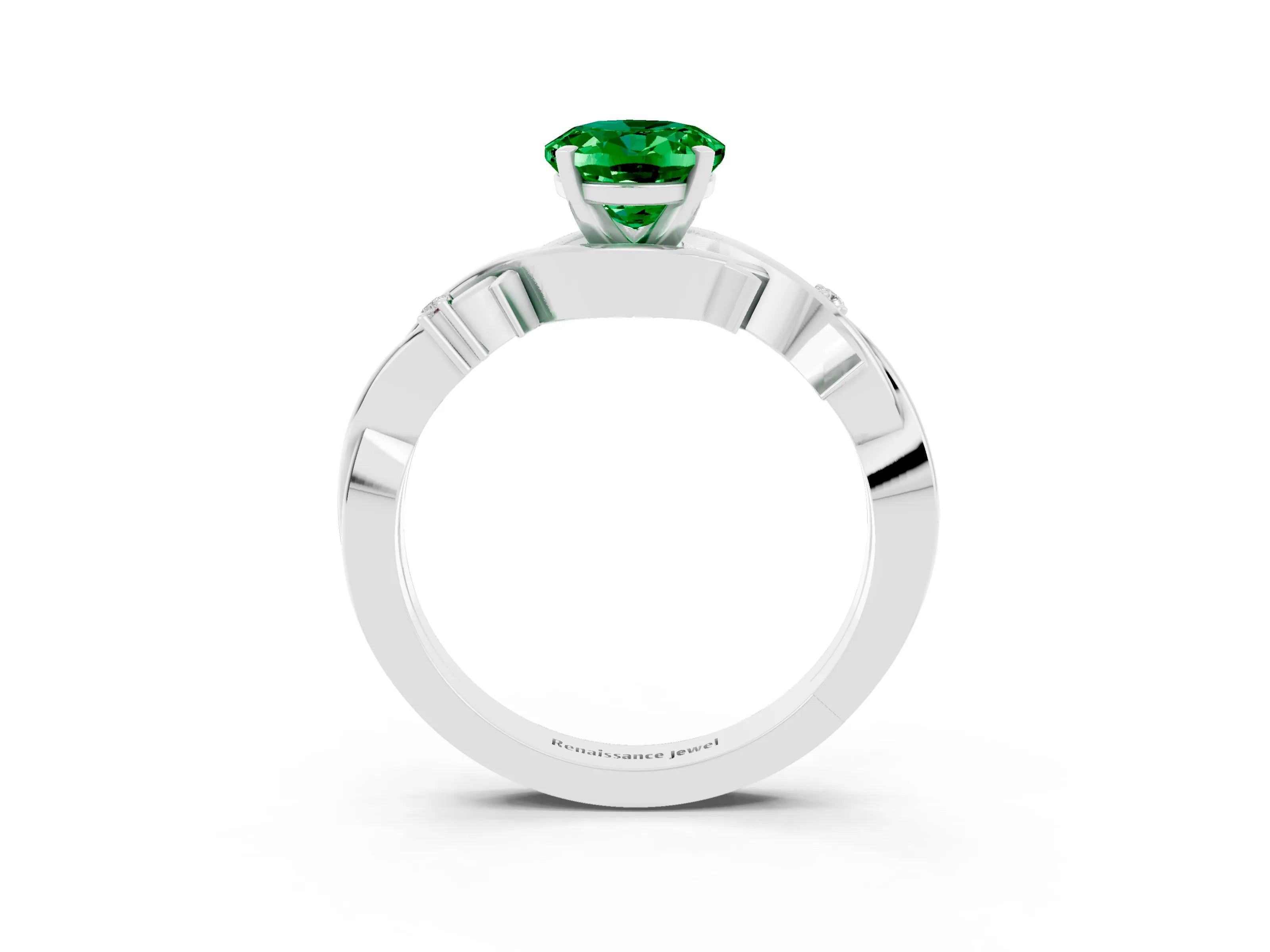 White gold Oval Cut Emerald Solitaire Ring with Twisted Band and Prong Setting_3