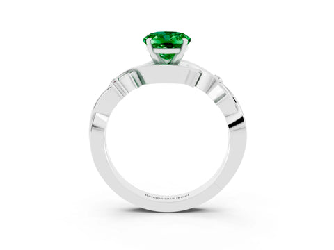White gold Oval Cut Emerald Solitaire Ring with Twisted Band and Prong Setting_3