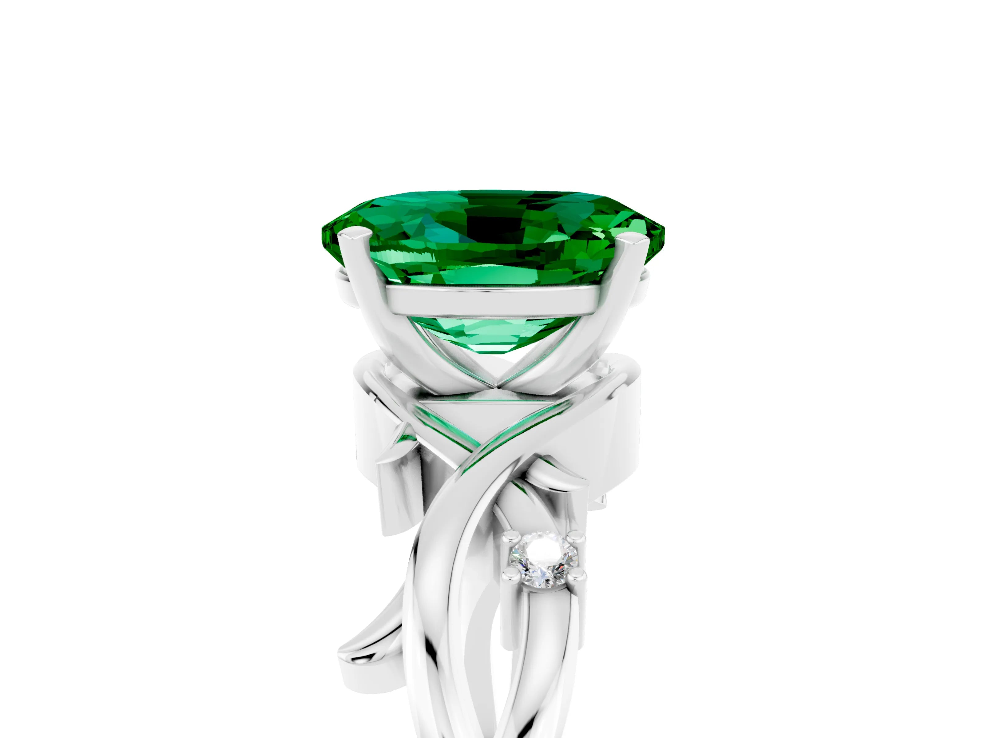 White gold Oval Cut Emerald Solitaire Ring with Twisted Band and Prong Setting_5