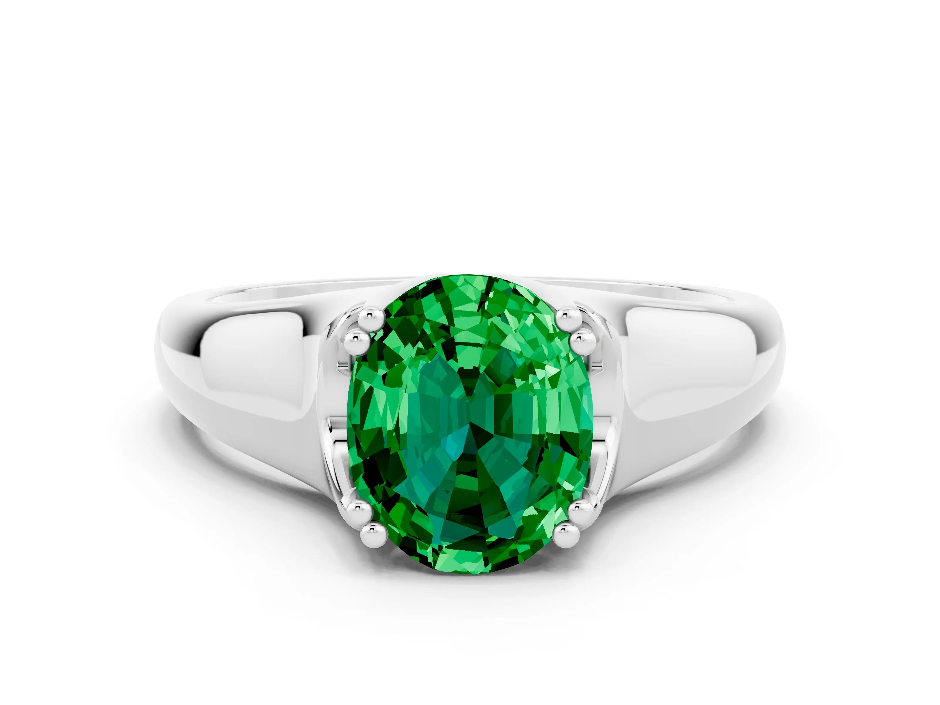 White gold Oval Cut Emerald Solitaire Ring with Wide Band and Prong Setting
