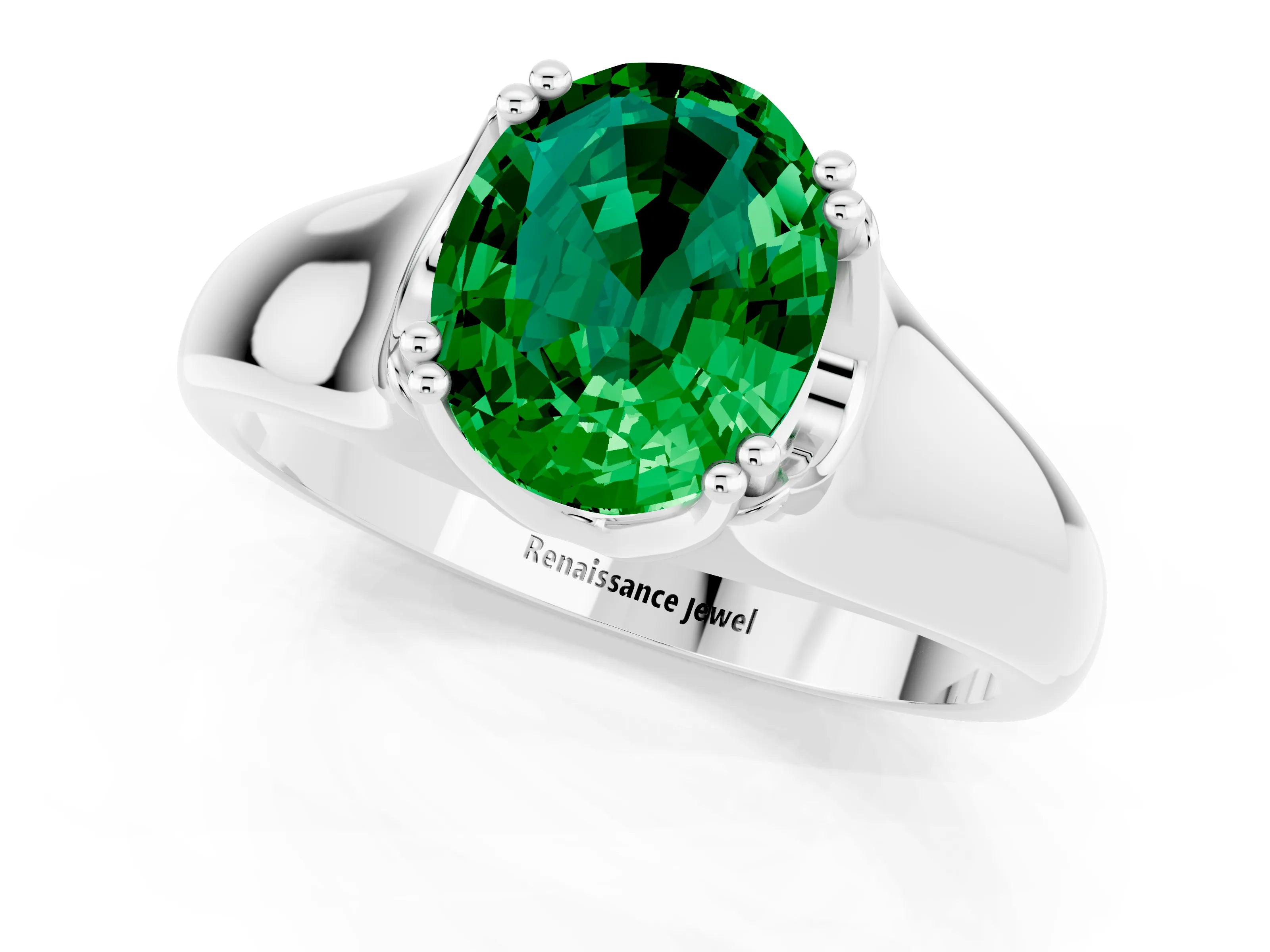 White gold Oval Cut Emerald Solitaire Ring with Wide Band and Prong Setting_1
