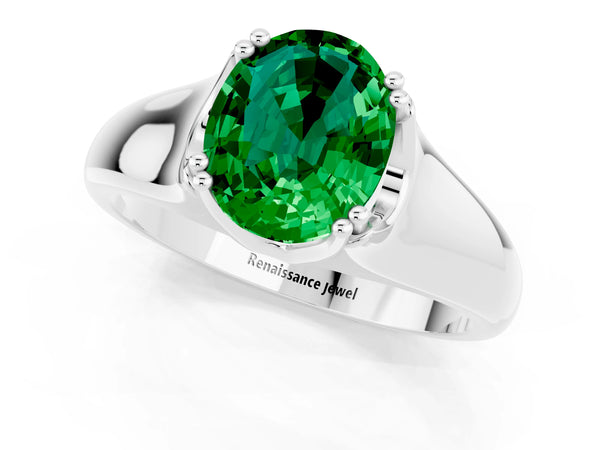Silver Oval Cut Emerald Solitaire Ring with Wide Band and Prong Setting
