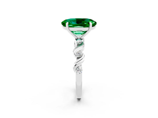 White gold Oval Cut Emerald Solitaire Twisted Band with Round  Accents and Prong Setting