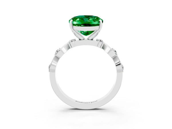 White gold Oval Cut Emerald Solitaire Twisted Band with Round  Accents and Prong Setting