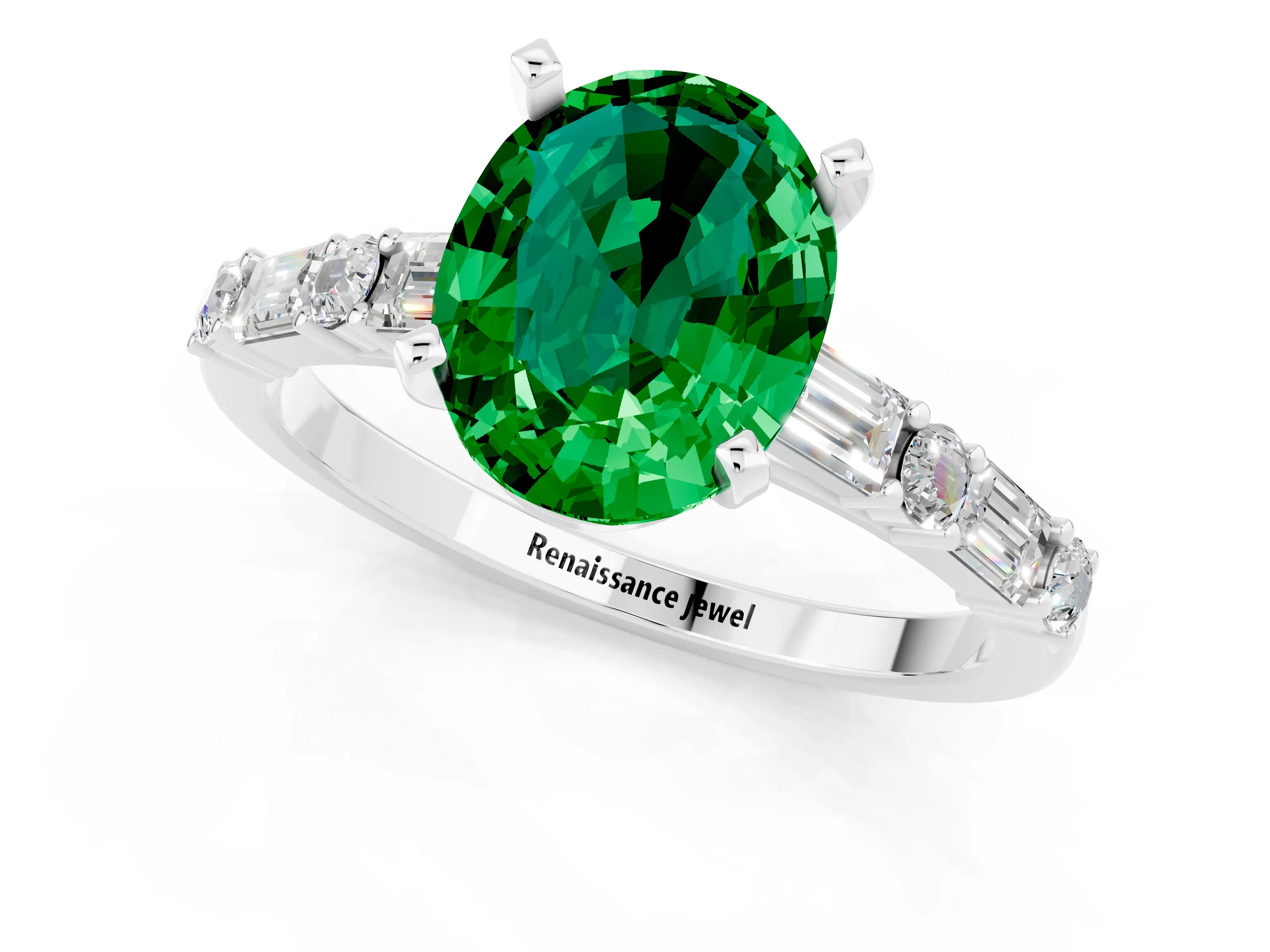 White gold Oval Cut Emerald Solitaire with Side Baguettes and Channel Set Band_1