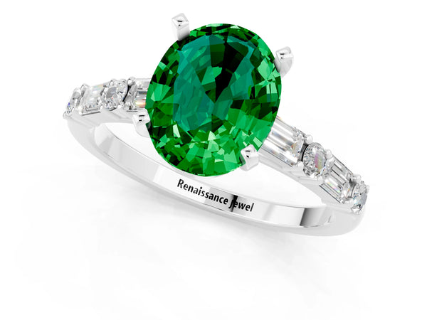 Platinum Oval Cut Emerald Solitaire with Side Baguettes and Channel Set Band