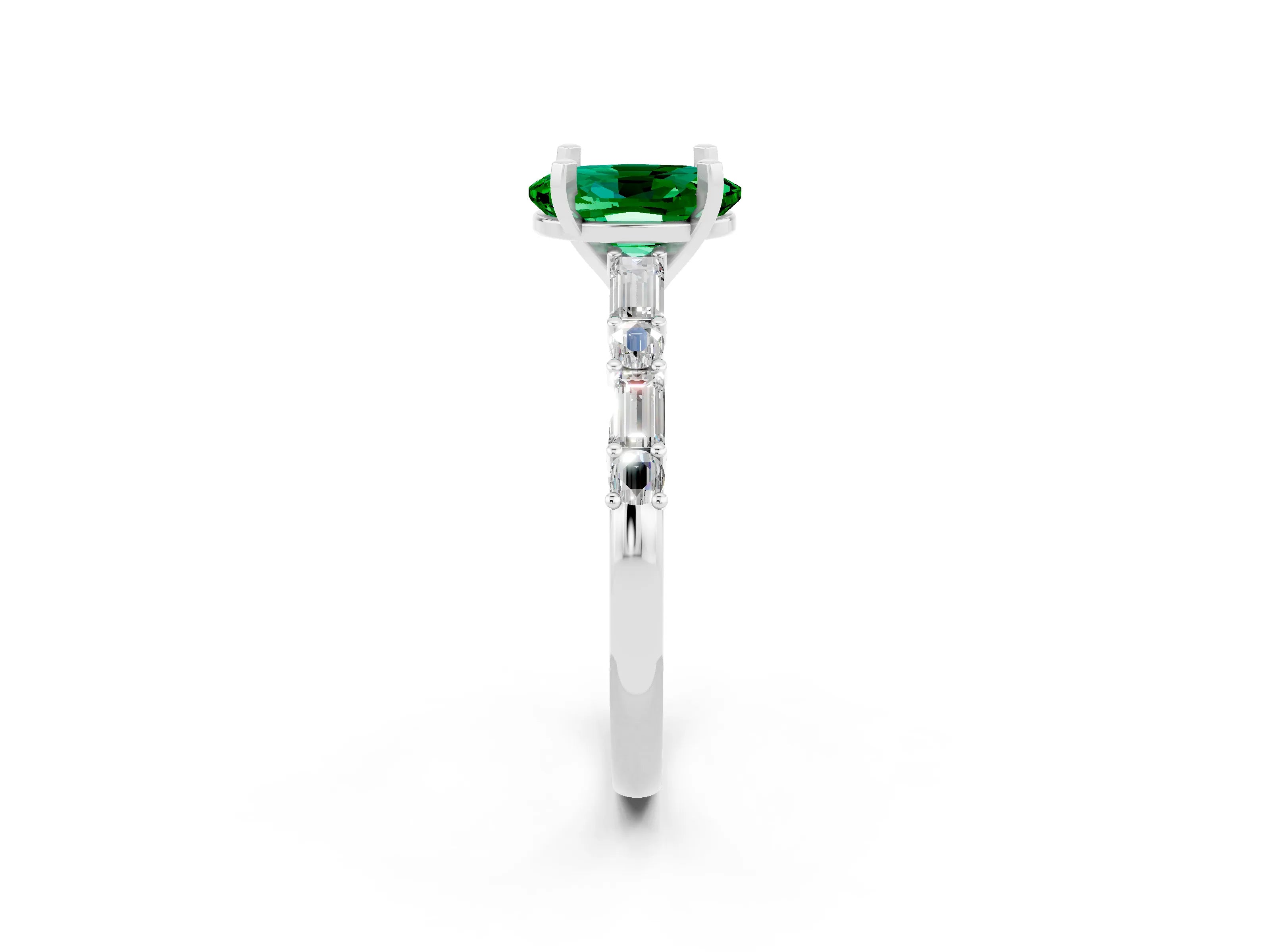 White gold Oval Cut Emerald Solitaire with Side Baguettes and Channel Set Band_2
