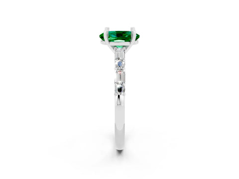 White gold Oval Cut Emerald Solitaire with Side Baguettes and Channel Set Band_2
