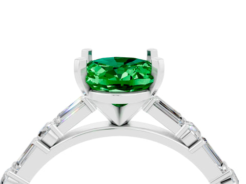 White gold Oval Cut Emerald Solitaire with Side Baguettes and Channel Set Band_4