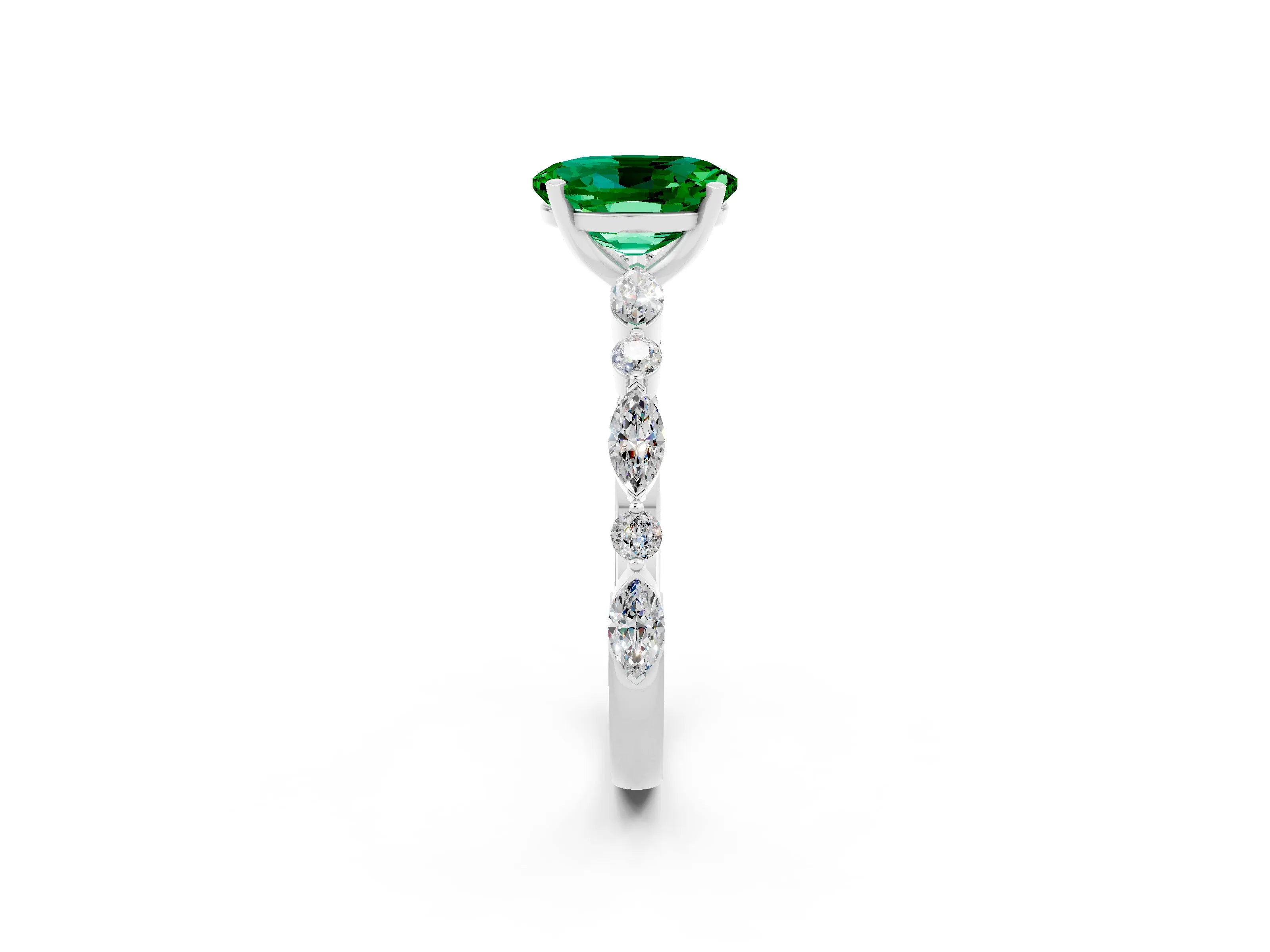 White gold Oval Cut Emerald Solitaire with Side Stones on a Pavé Band and Four-Prong Setting_2