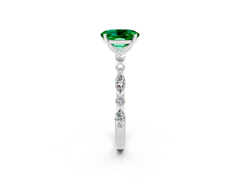 White gold Oval Cut Emerald Solitaire with Side Stones on a Pavé Band and Four-Prong Setting_2