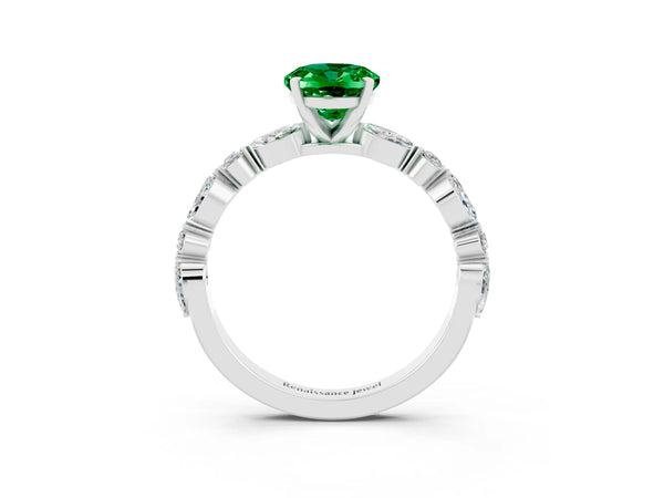 White gold Oval Cut Emerald Ring with Marquise and Round  Side Stones and Four-Prong Setting