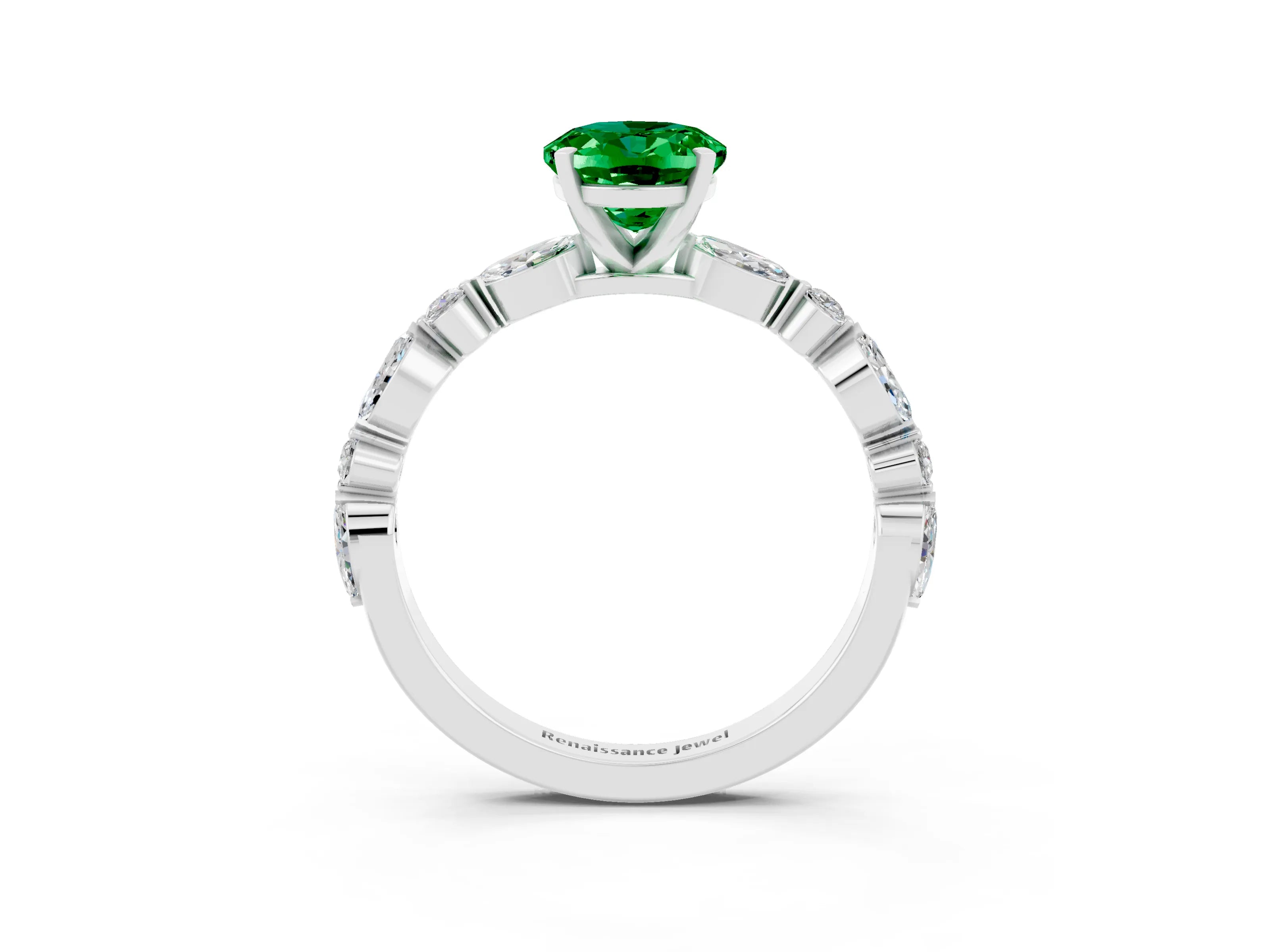 White gold Oval Cut Emerald Solitaire with Side Stones on a Pavé Band and Four-Prong Setting_3