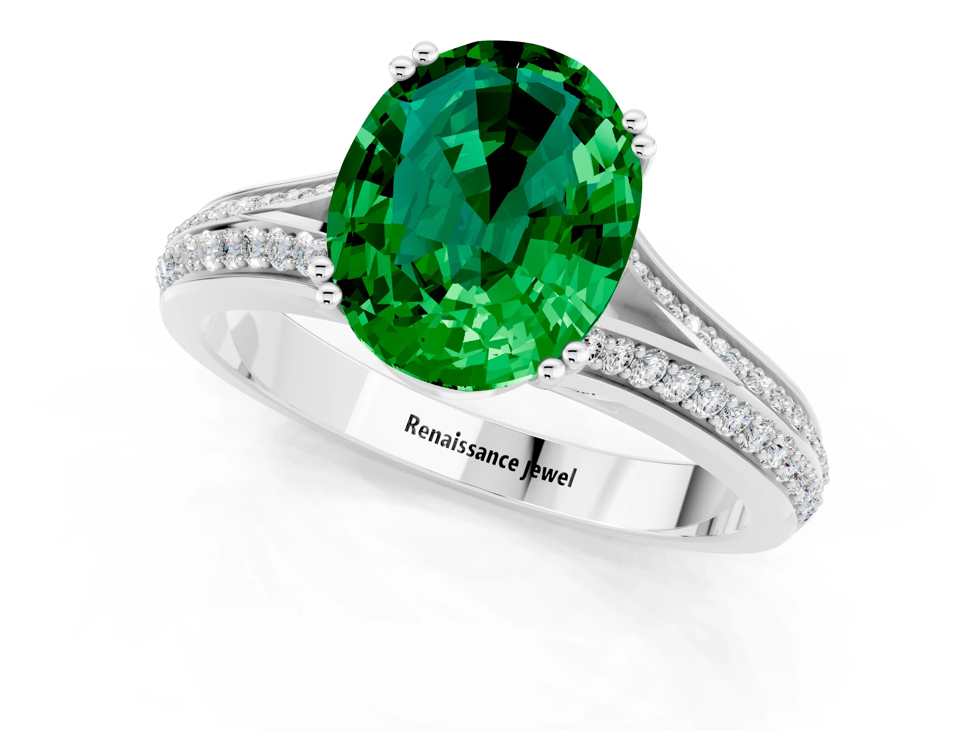 White gold Oval Cut Emerald Split Shank Engagement Ring with Pavé Band_1