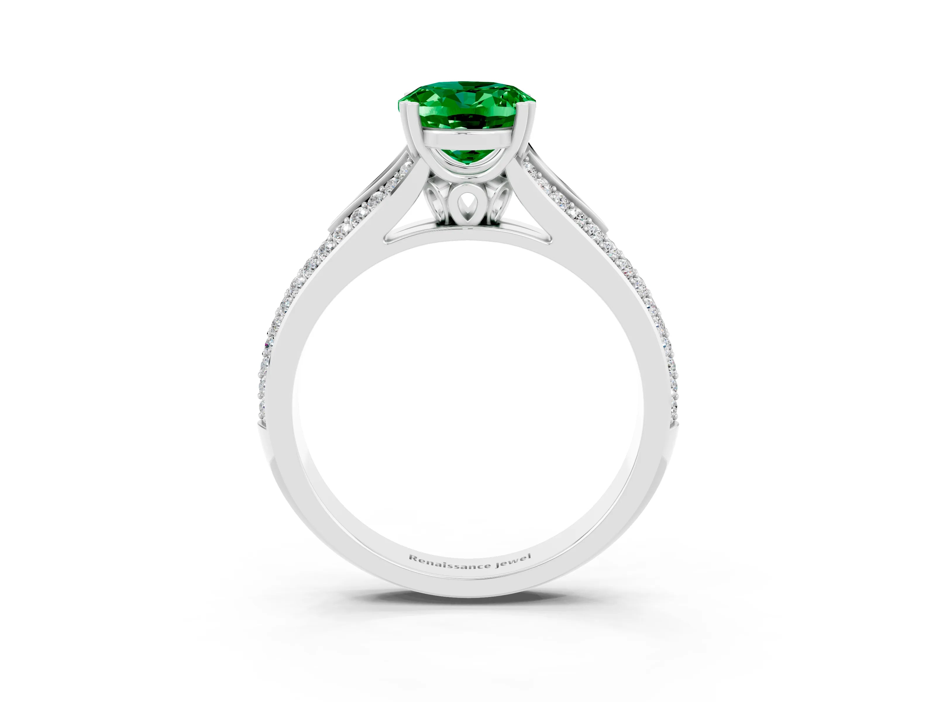 White gold Oval Cut Emerald Split Shank Engagement Ring with Pavé Band_3
