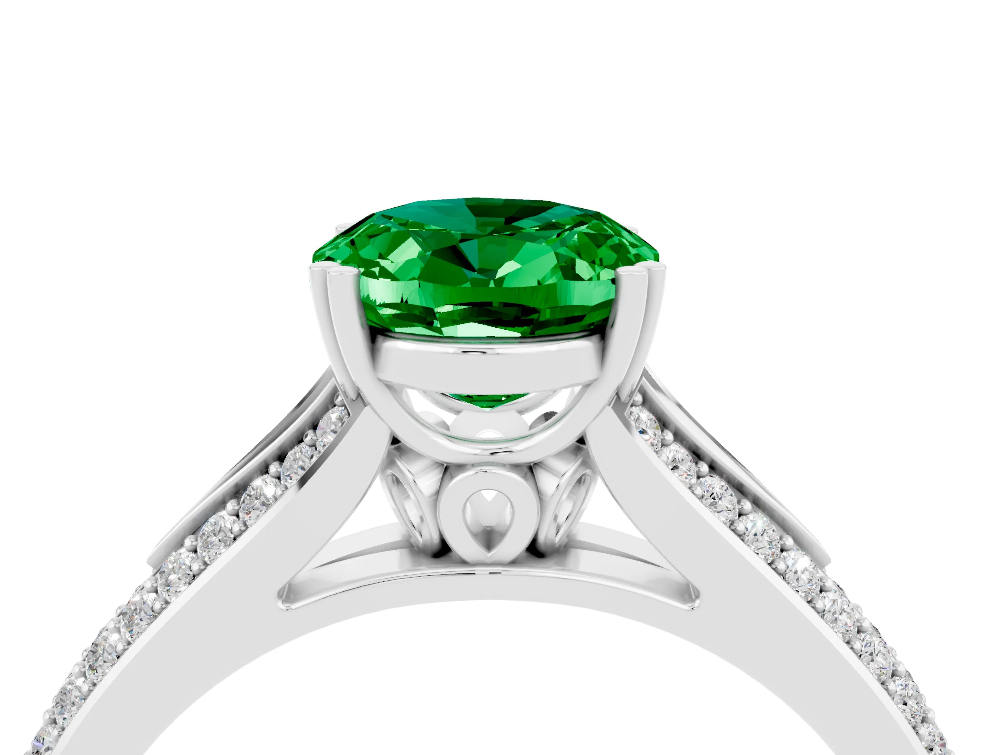 White gold Oval Cut Emerald Split Shank Engagement Ring with Pavé Band_4
