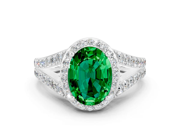 Platinum Oval Cut Emerald Split Shank Halo Ring with Four-Prong Setting