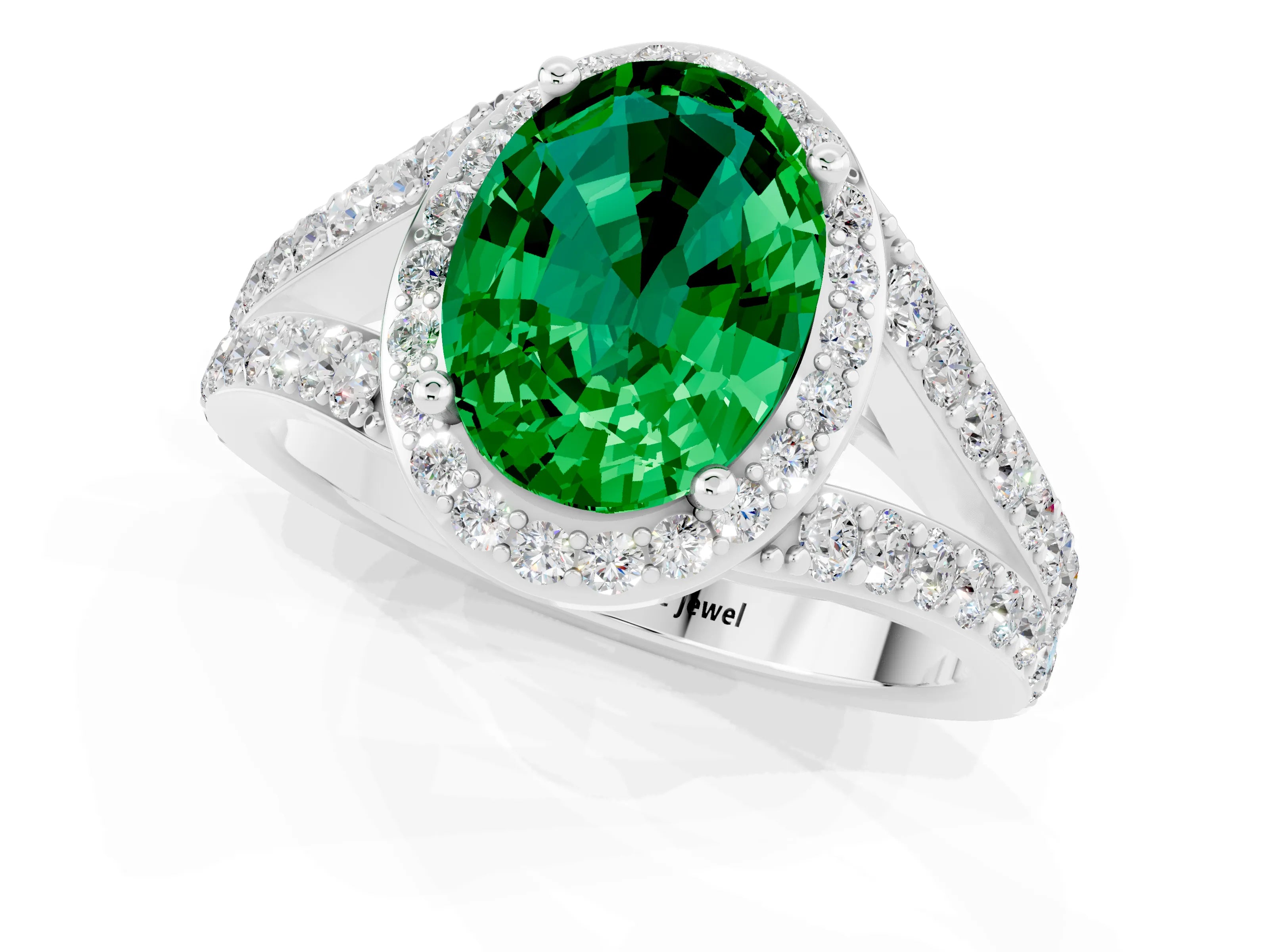 White gold Oval Cut Emerald Split Shank Halo Ring with Four-Prong Setting_13