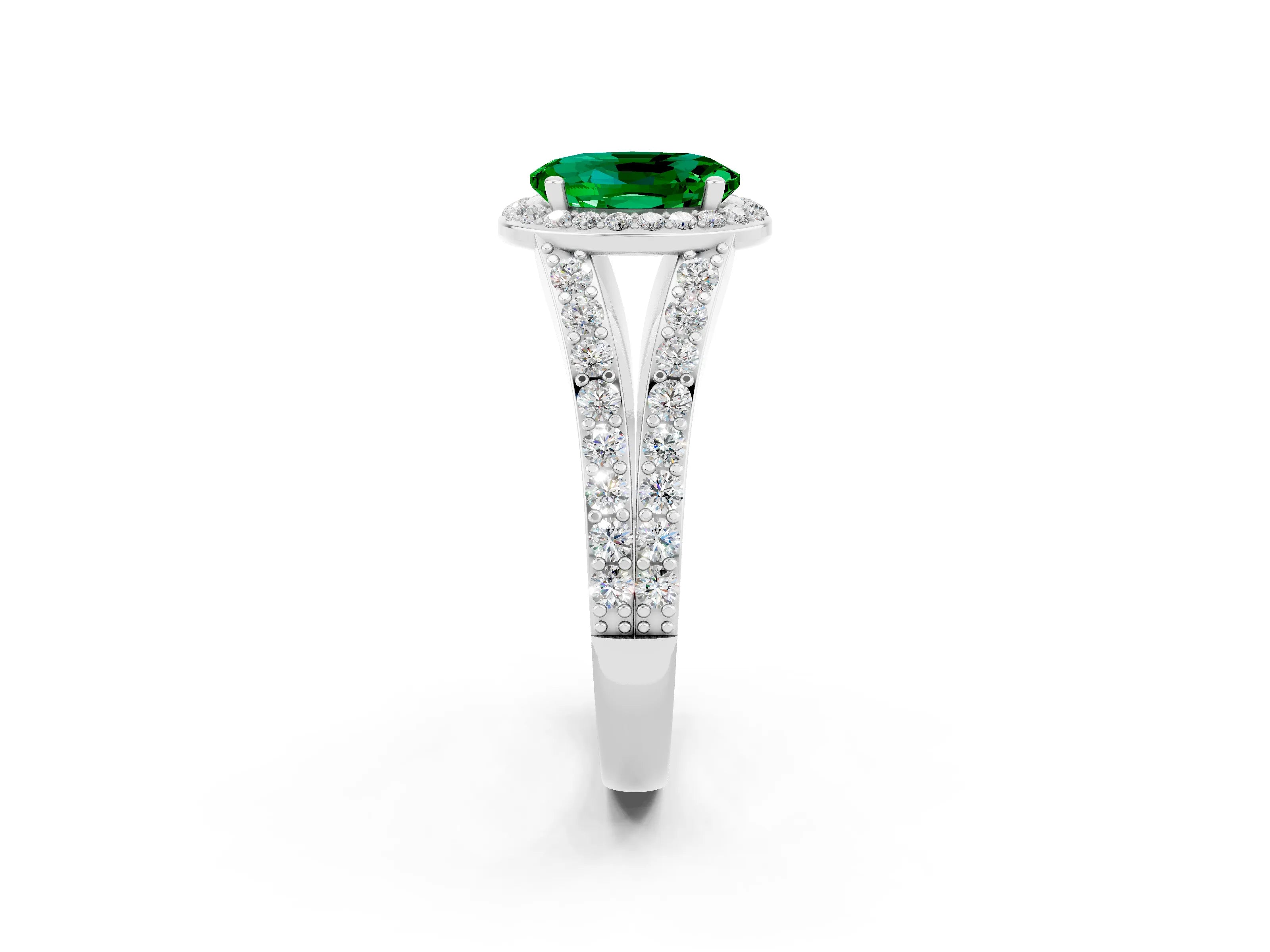 White gold Oval Cut Emerald Split Shank Halo Ring with Four-Prong Setting_14