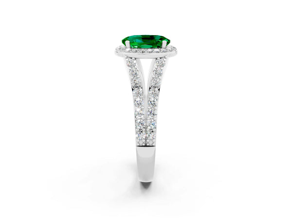 Platinum Oval Cut Emerald Split Shank Halo Ring with Four-Prong Setting