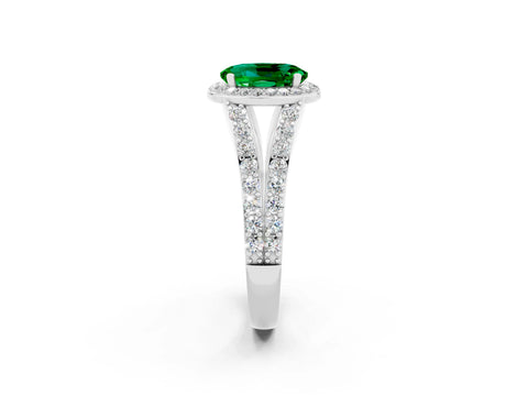 White gold Oval Cut Emerald Split Shank Halo Ring with Four-Prong Setting_14