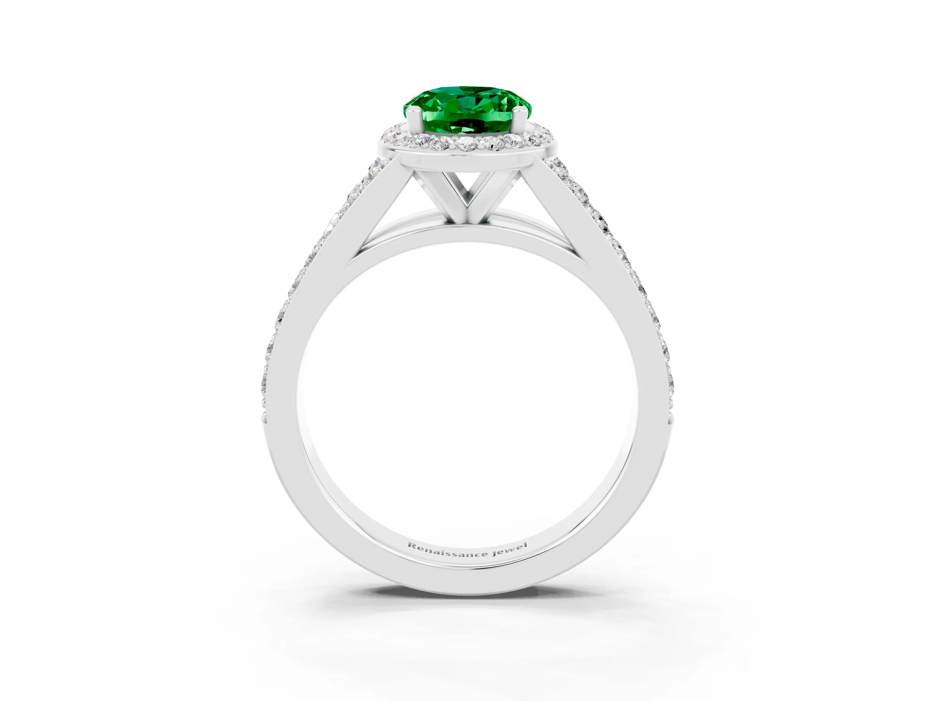 White gold Oval Cut Emerald Split Shank Halo Ring with Four-Prong Setting_15