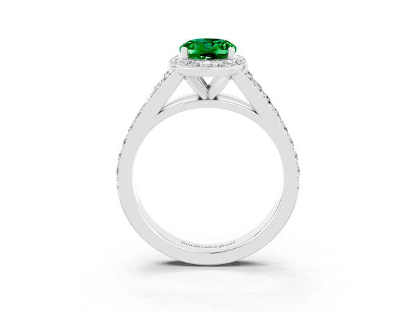 Silver Oval Cut Emerald Split Shank Halo Ring with Four-Prong Setting