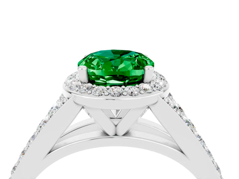 White gold Oval Cut Emerald Split Shank Halo Ring with Four-Prong Setting_28