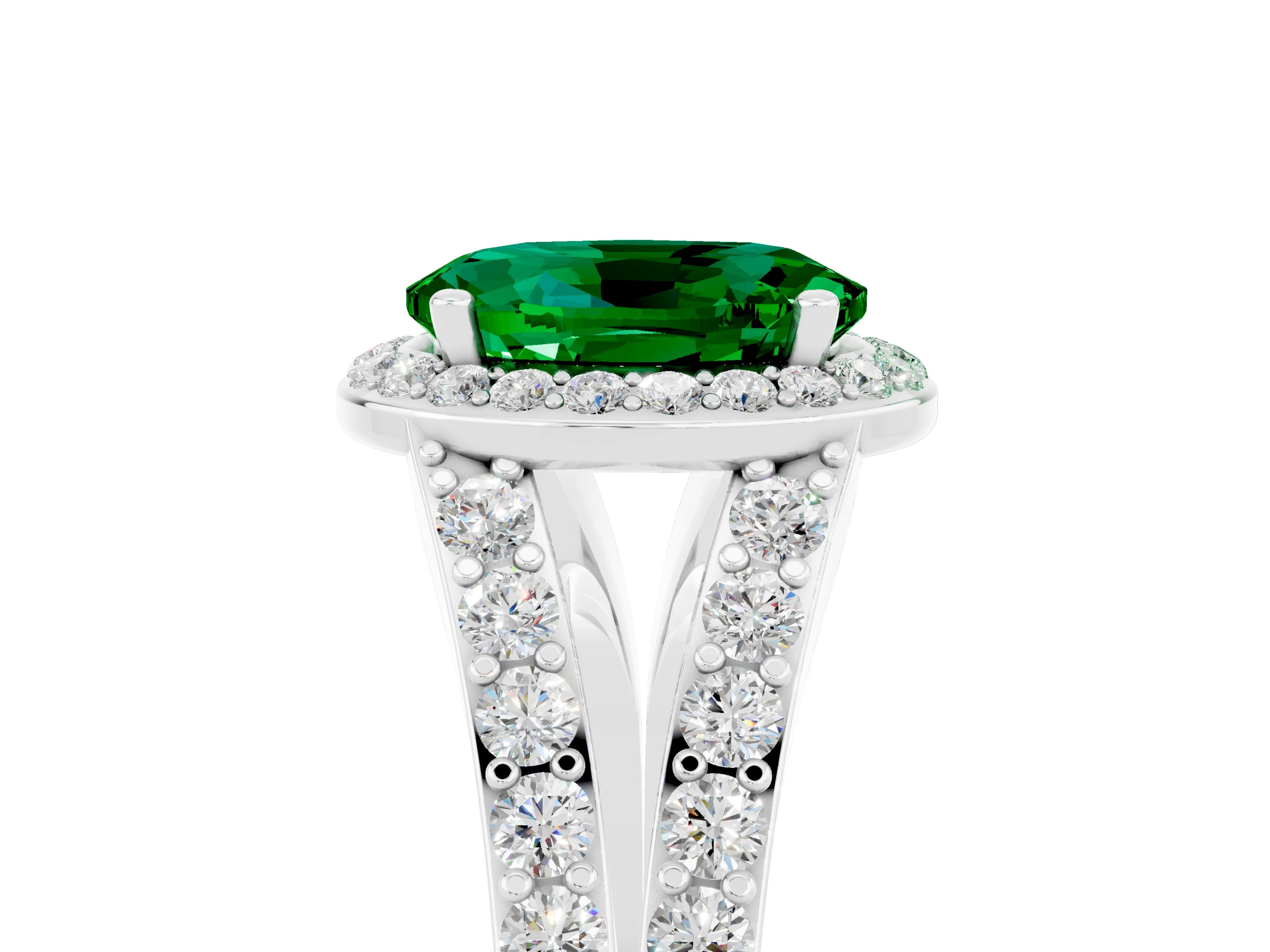 White gold Oval Cut Emerald Split Shank Halo Ring with Four-Prong Setting_29