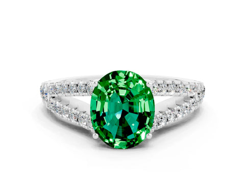 White gold Oval Cut Emerald Split Shank Pavé Engagement Ring with Four-Prong Setting_12