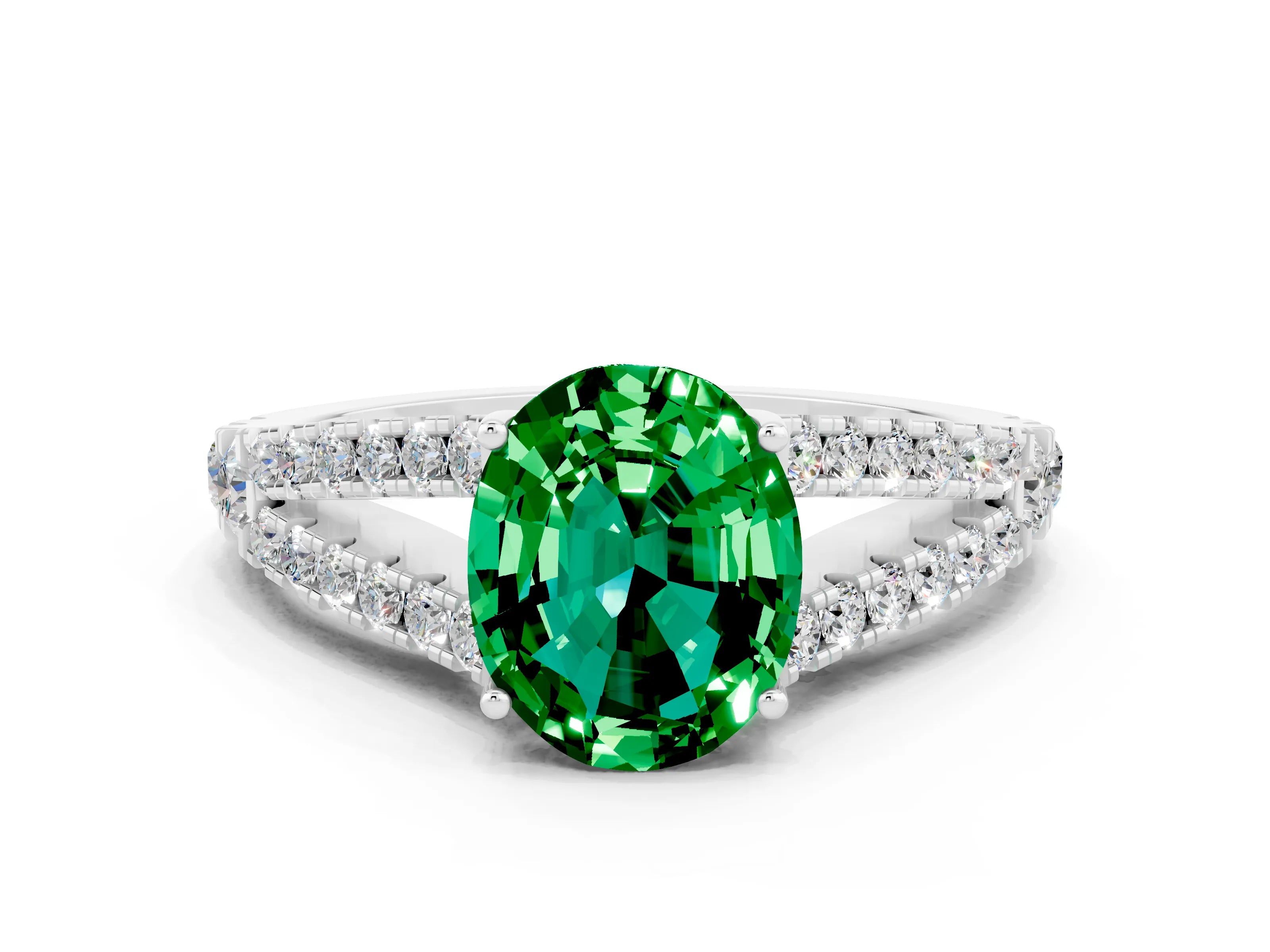 White gold Oval Cut Emerald Split Shank Pavé Engagement Ring with Four-Prong Setting_12