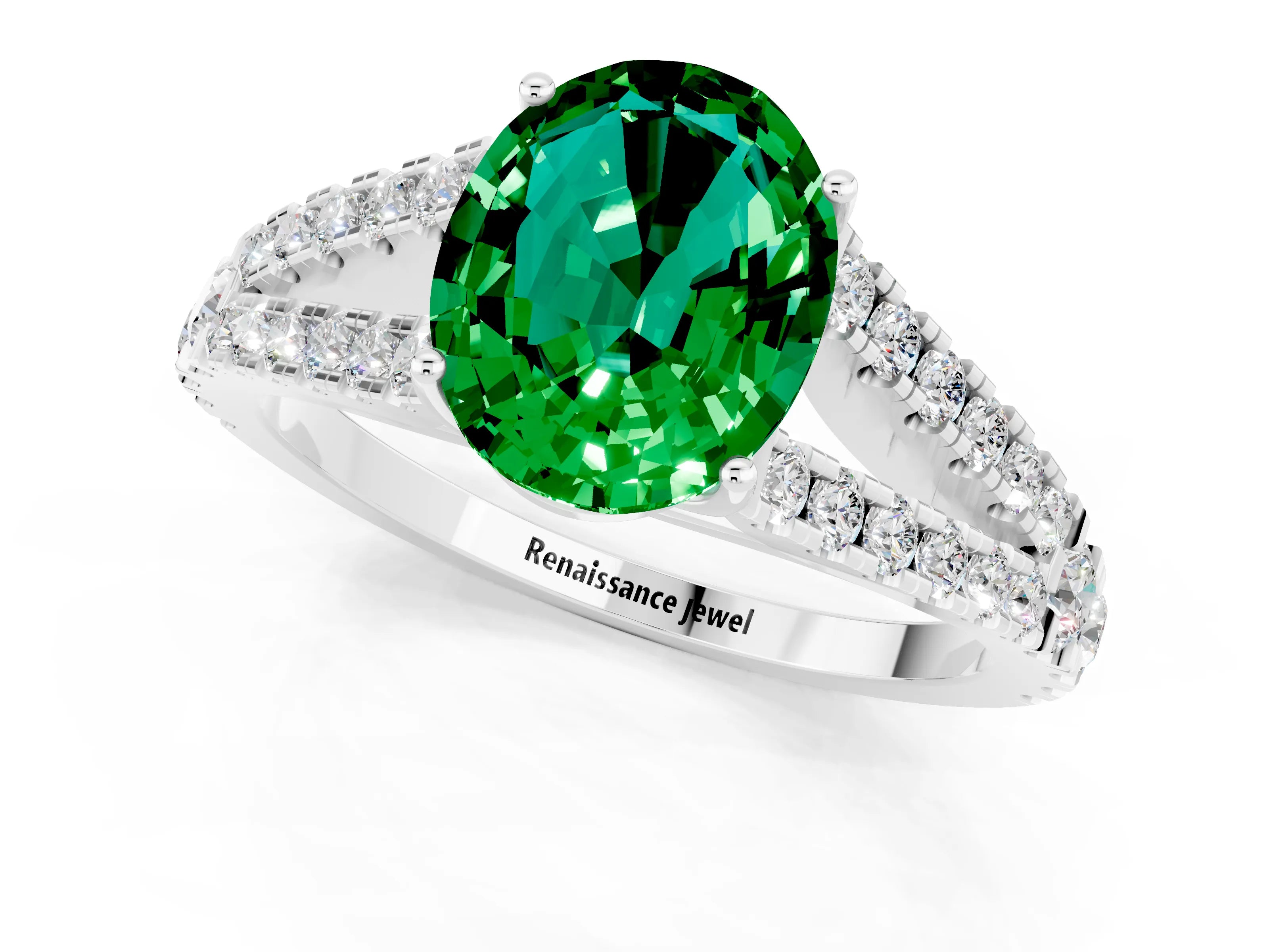 White gold Oval Cut Emerald Split Shank Pavé Engagement Ring with Four-Prong Setting_13