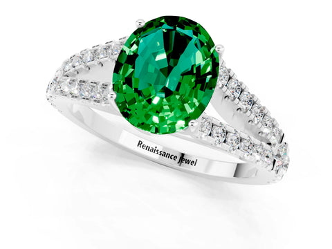 White gold Oval Cut Emerald Split Shank Pavé Engagement Ring with Four-Prong Setting_13