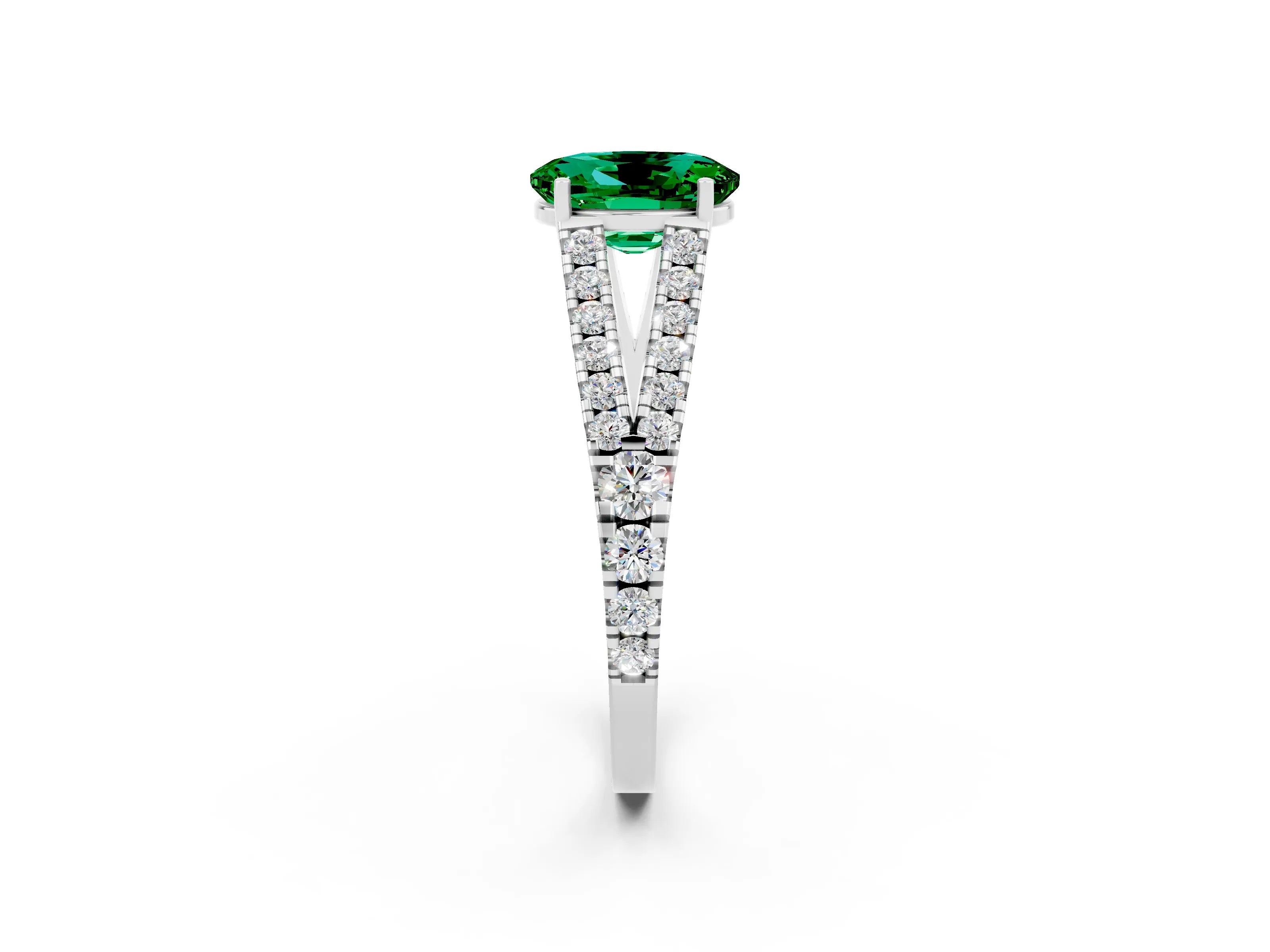 White gold Oval Cut Emerald Split Shank Pavé Engagement Ring with Four-Prong Setting_14