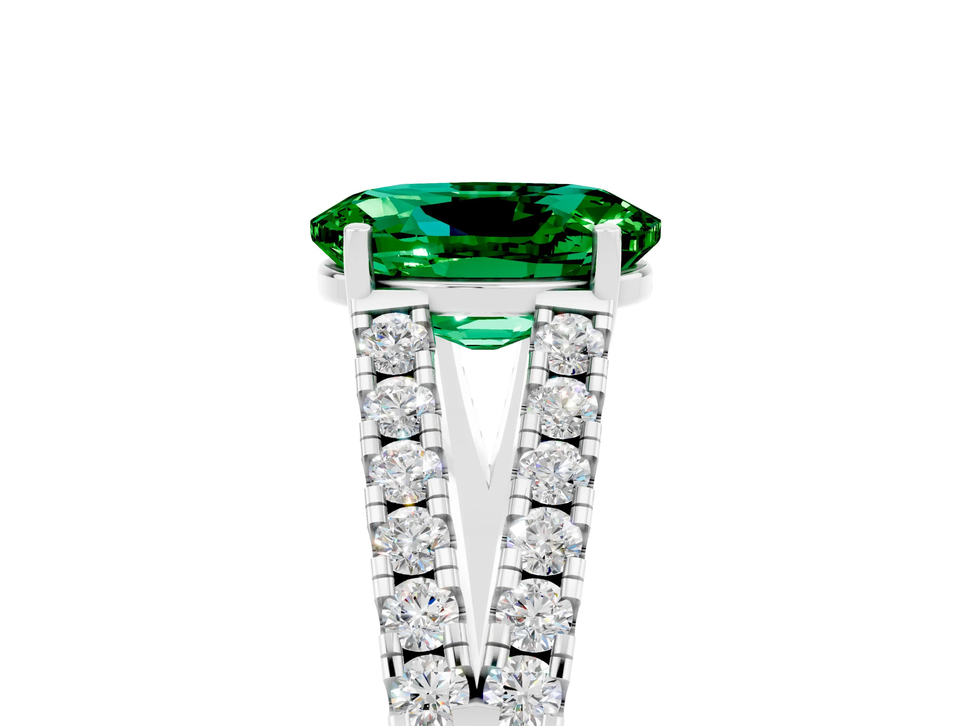 White gold Oval Cut Emerald Split Shank Pavé Engagement Ring with Four-Prong Setting_17
