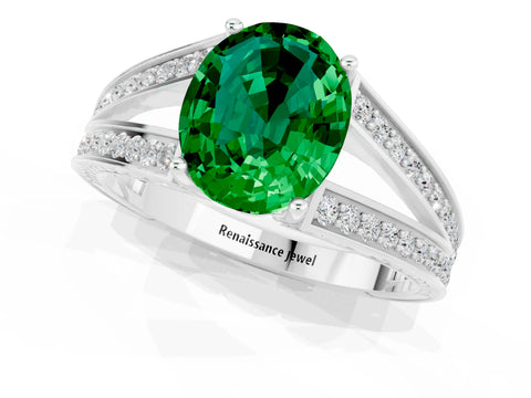 White gold Oval Cut Emerald Split Shank Ring with Pavé Band and Four-Prong Setting_1