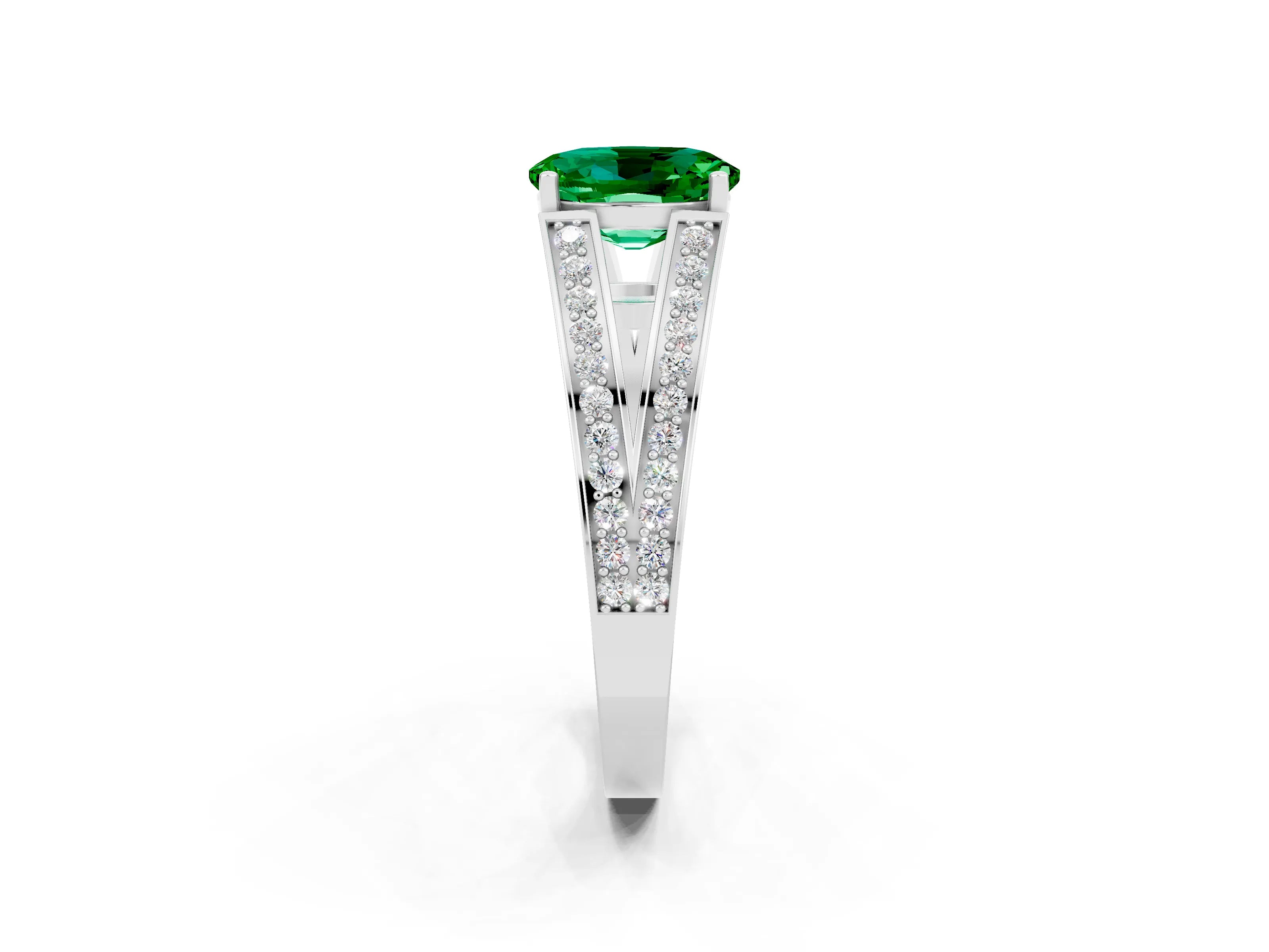 White gold Oval Cut Emerald Split Shank Ring with Pavé Band and Four-Prong Setting_2