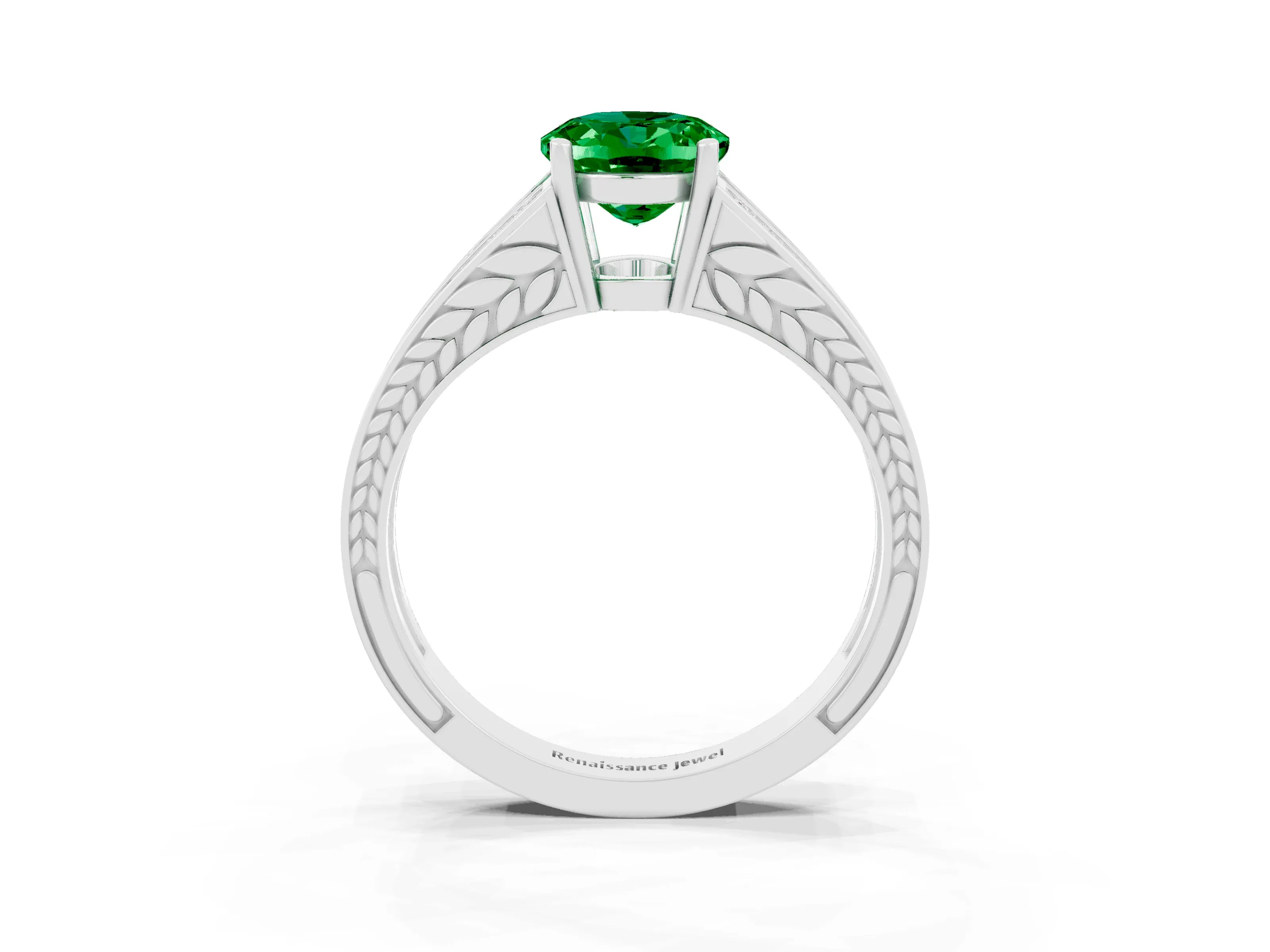 White gold Oval Cut Emerald Split Shank Ring with Pavé Band and Four-Prong Setting_3