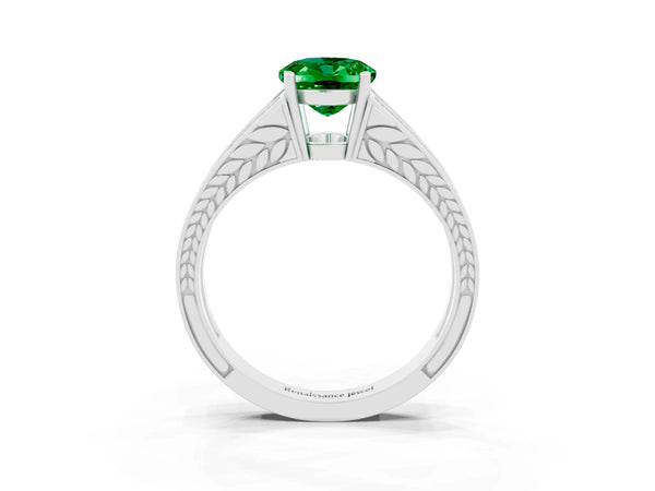 White gold Oval Cut Emerald Split Shank Ring with Pavé Band and Four-Prong Setting