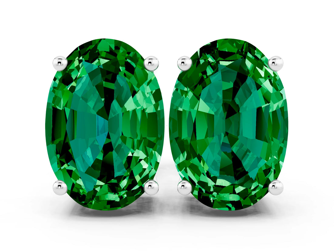 White gold Oval Cut Emerald Stud Earrings_30