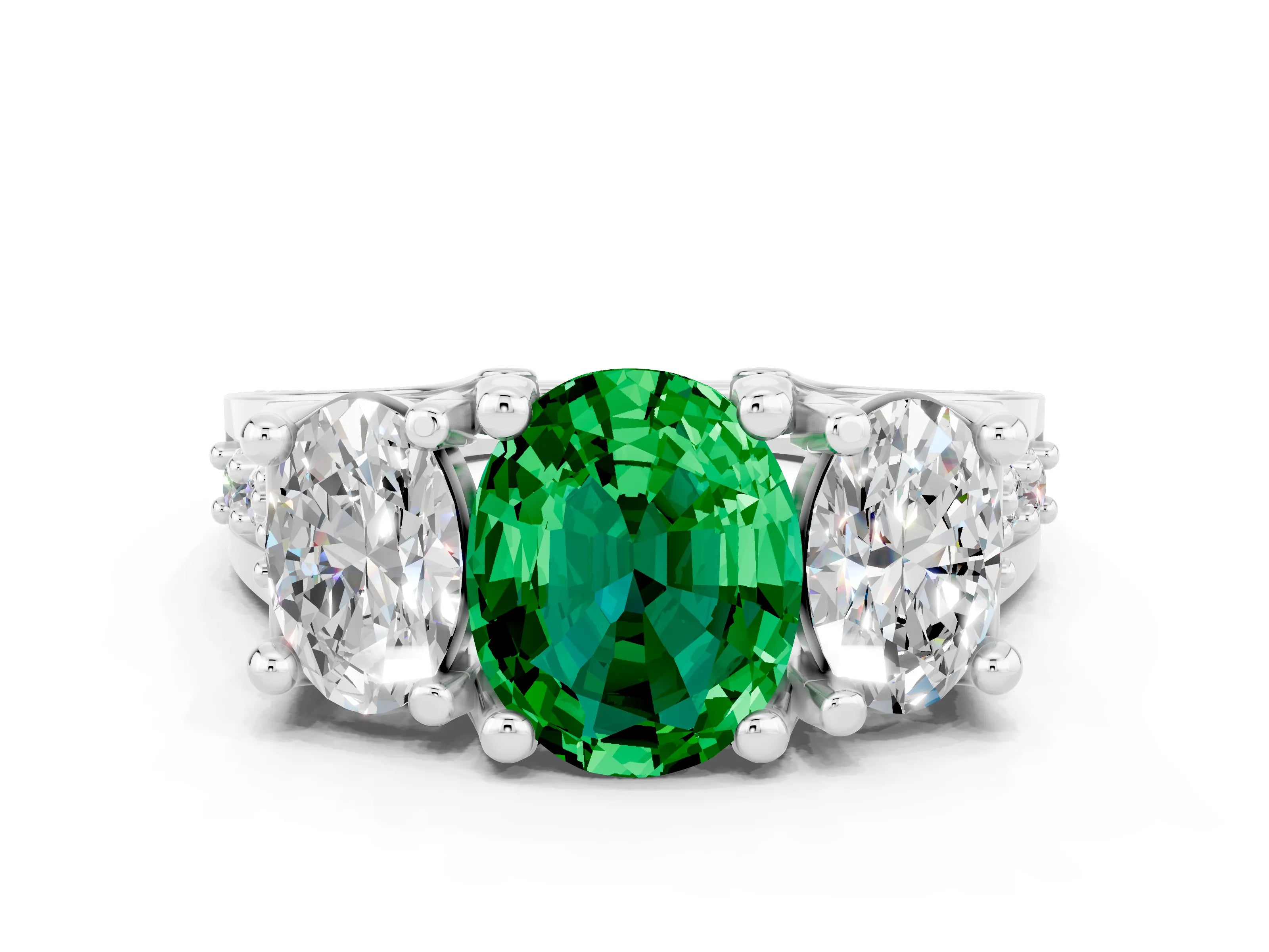 White gold Oval Cut Emerald Three-Stone Ring with Channel Set Band and Four-Prong Setting