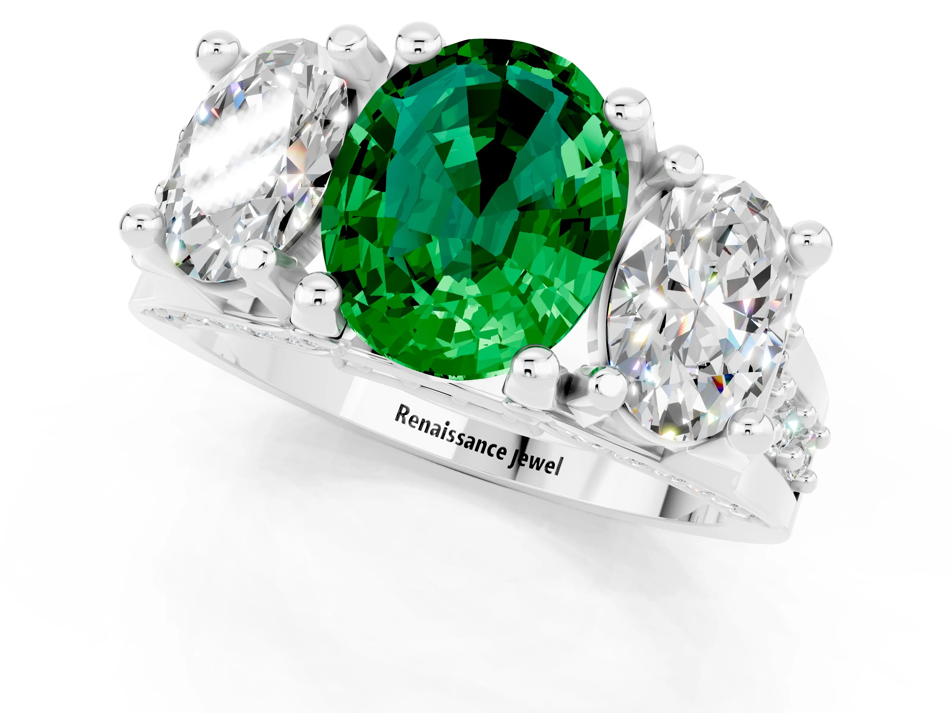 White gold Oval Cut Emerald Three-Stone Ring with Channel Set Band and Four-Prong Setting_1