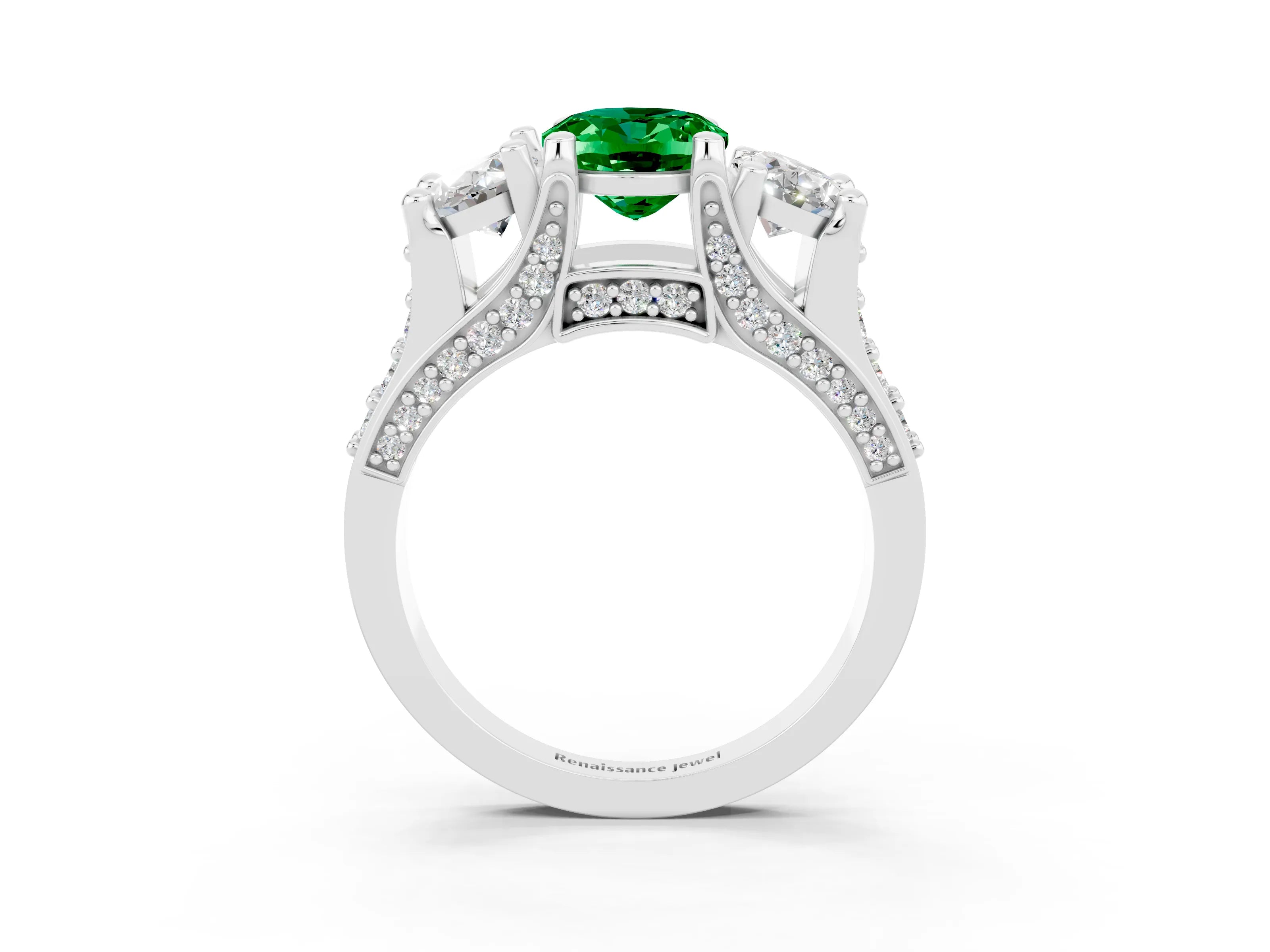 White gold Oval Cut Emerald Three-Stone Ring with Channel Set Band and Four-Prong Setting_3