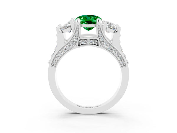 Platinum Oval Cut Emerald Three-Stone Ring with Channel Set Band and Four-Prong Setting