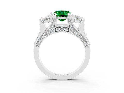 White gold Oval Cut Emerald Three-Stone Ring with Channel Set Band and Four-Prong Setting_3