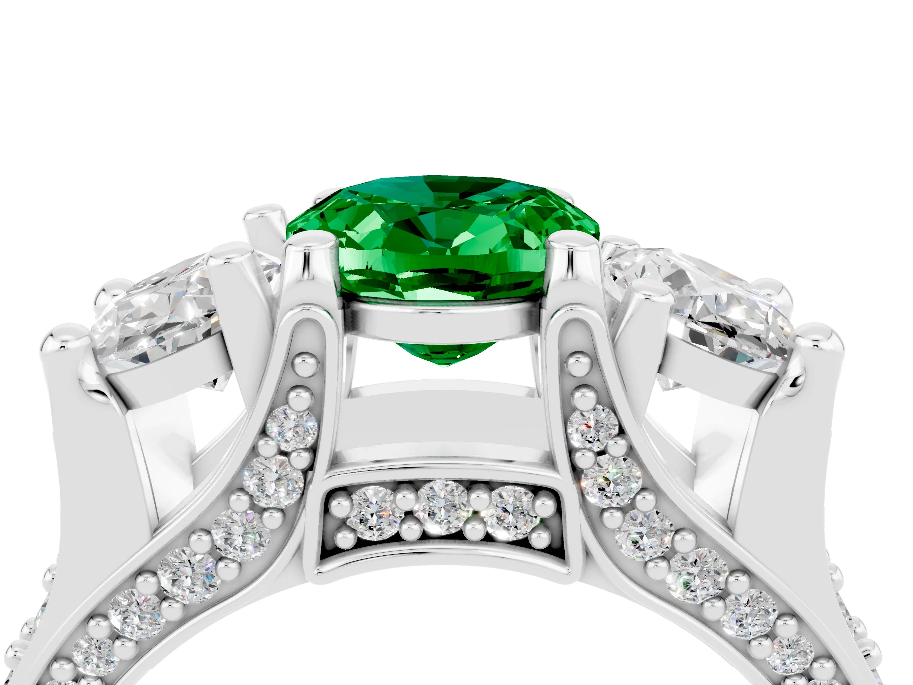 White gold Oval Cut Emerald Three-Stone Ring with Channel Set Band and Four-Prong Setting_4