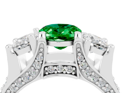 White gold Oval Cut Emerald Three-Stone Ring with Channel Set Band and Four-Prong Setting_4
