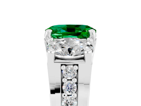 White gold Oval Cut Emerald Three-Stone Ring with Channel Set Band and Four-Prong Setting_5