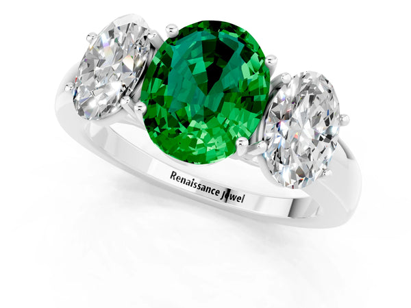 Platinum Oval Cut Emerald Three-Stone Ring with Four-Prong Setting and Classic Band